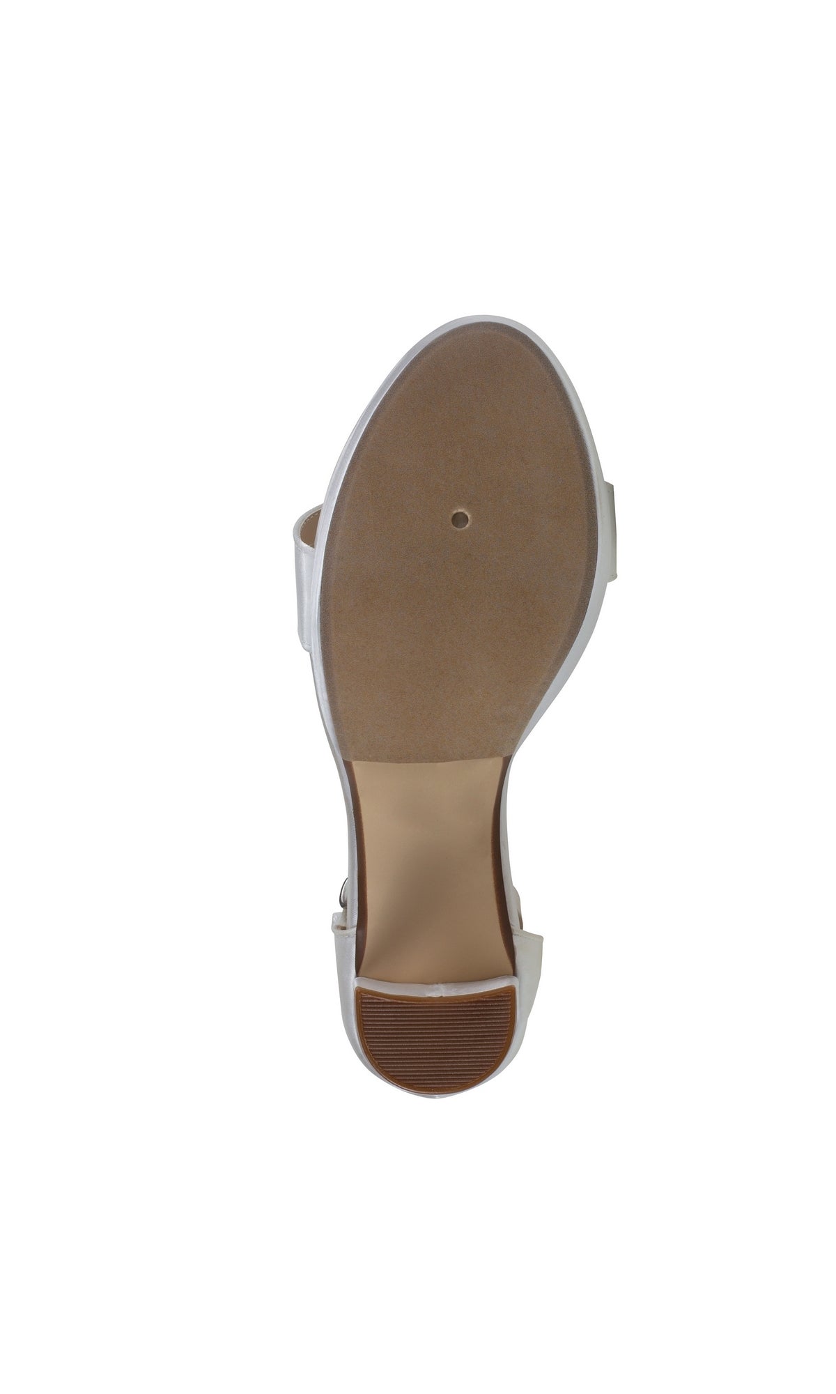 The image displays the bottom view of the Mia White Open Toe Prom Shoes 4579, featuring a beige sole and textured heel cap on a white background.